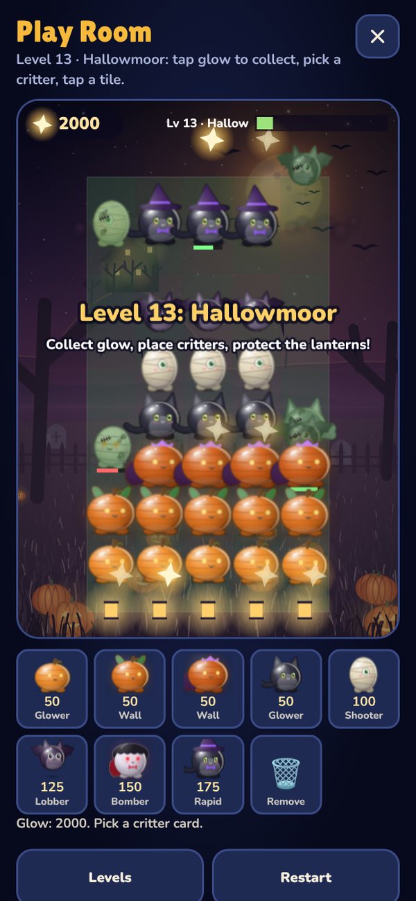 Lantern Defense on Hallowmoor: rows of pumpkin and cat critters guard five lanterns while zombified critters march down the lanes.