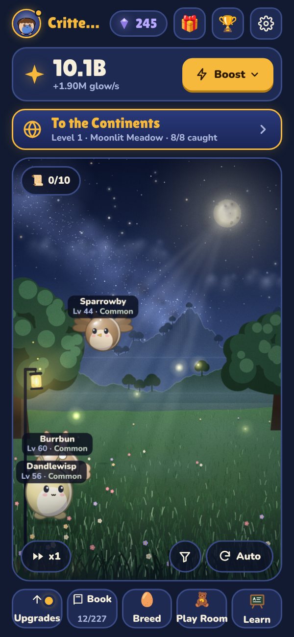The Moonlit Meadow field at night with critters wandering under the lantern, their names and levels floating above them.