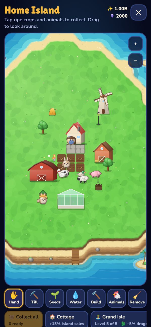 Home Island in chunky 3D: a cottage, a red barn, a windmill, a greenhouse and glossy farm animals on a grassy island with sandy cliffs.