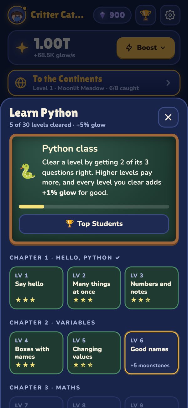 The Learn Python sheet: a chalkboard Python class card, a Top Students button and lesson levels with stars.