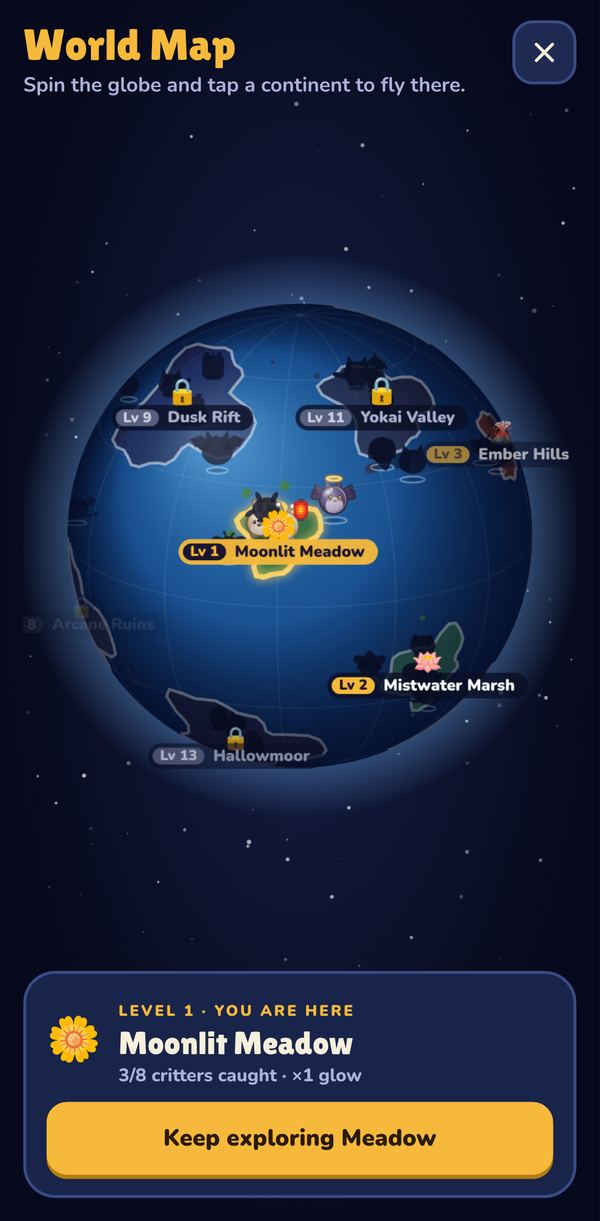 The World Map: a spinning globe with continents labelled by level, Moonlit Meadow selected.