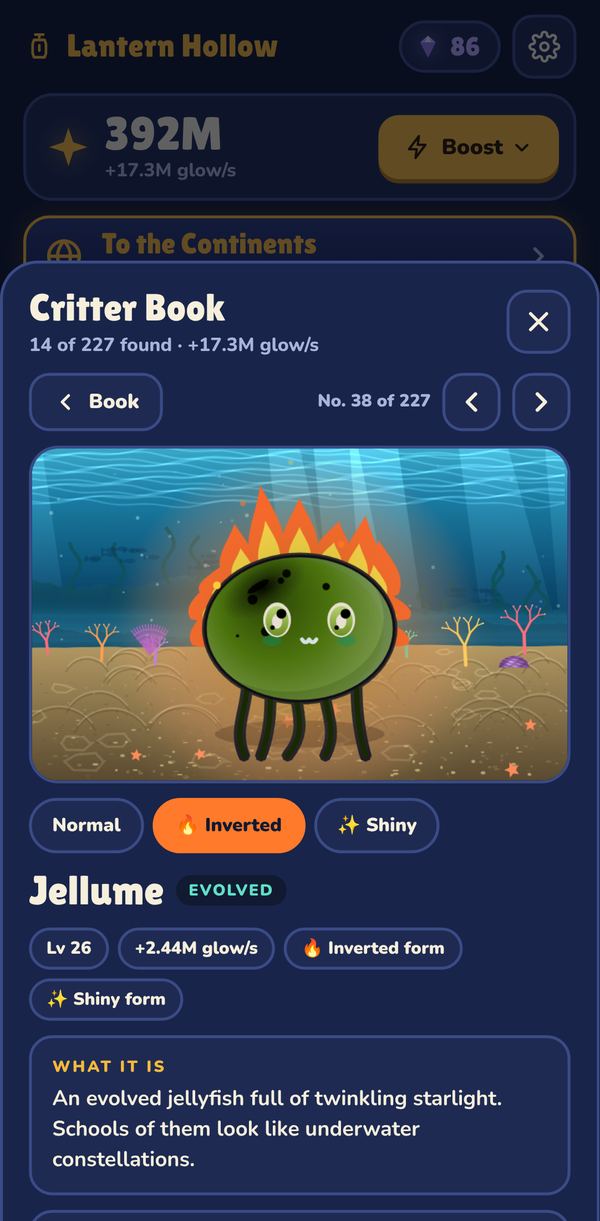 A Critter Book page for Jellume, an evolved jellyfish, shown in its inverted form surrounded by flames.