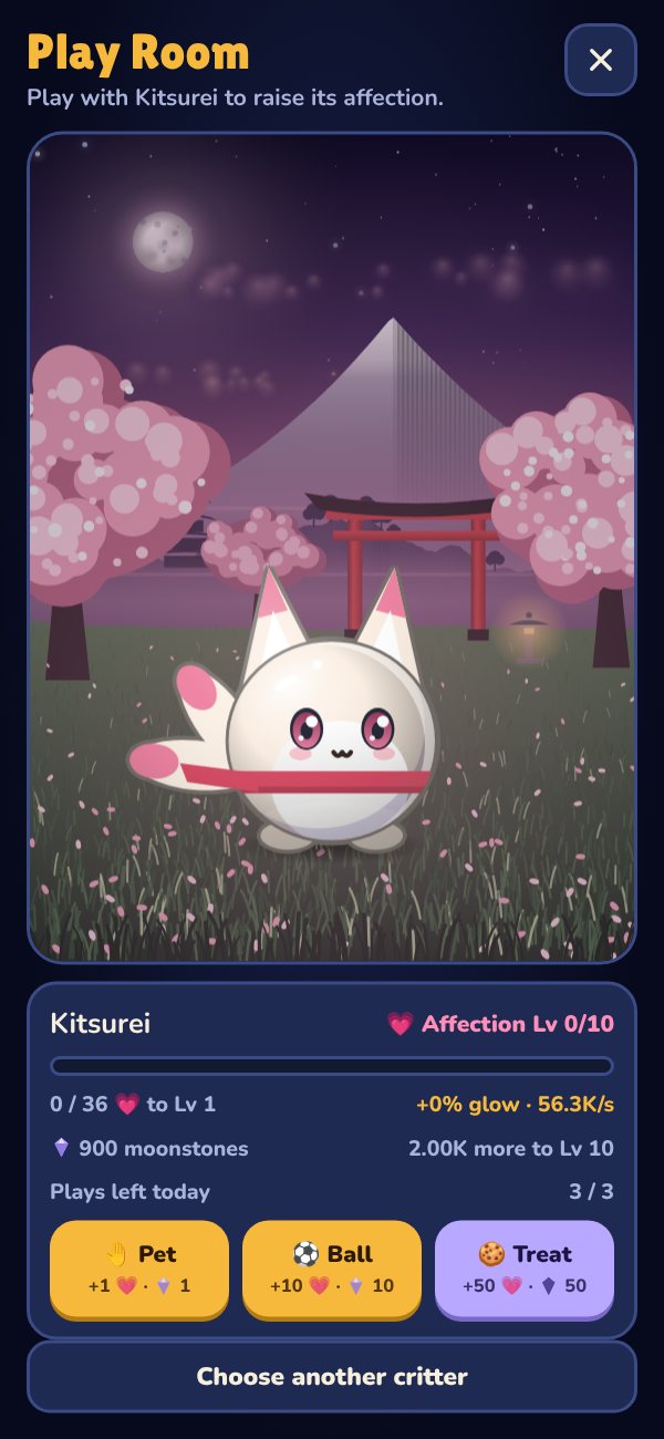 The Play Room: Kitsurei, a white fox critter, under cherry blossoms with Pet, Ball and Treat buttons and an affection bar.