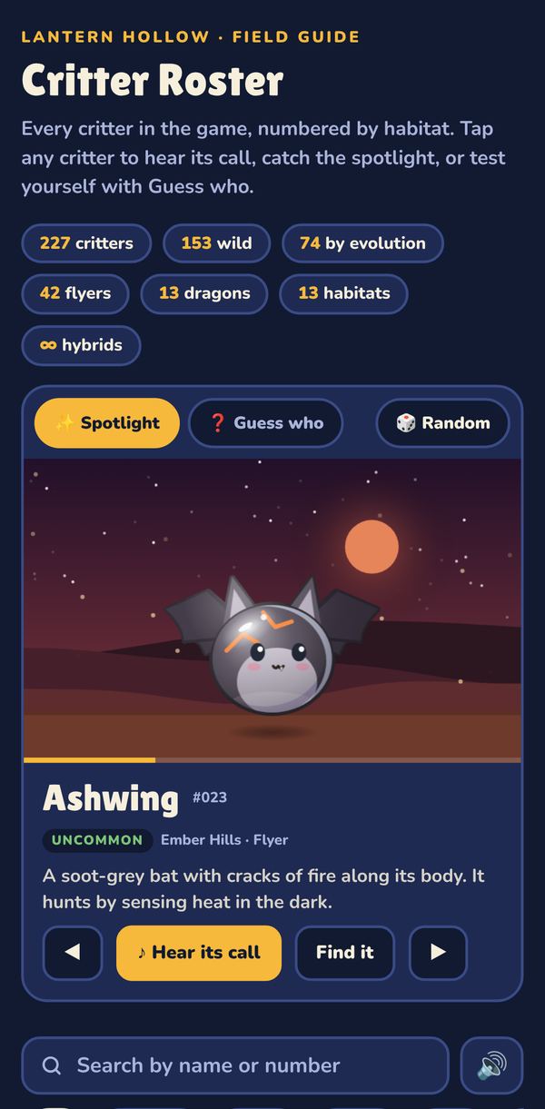 The Critter Roster page with a spotlighted critter, Ashwing, and buttons for Spotlight, Guess who and Random.